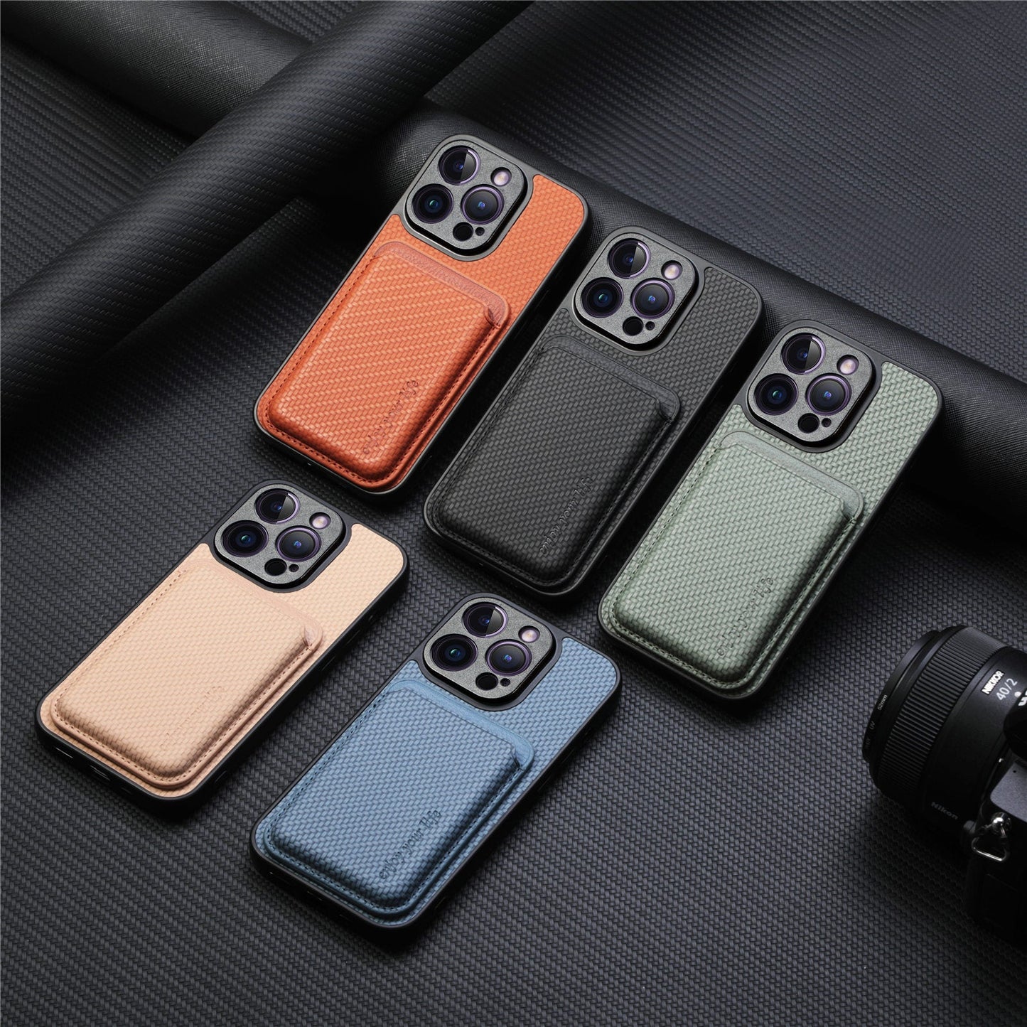 Tempat kartu magnetik bermotif serat casing ponsel Apple
