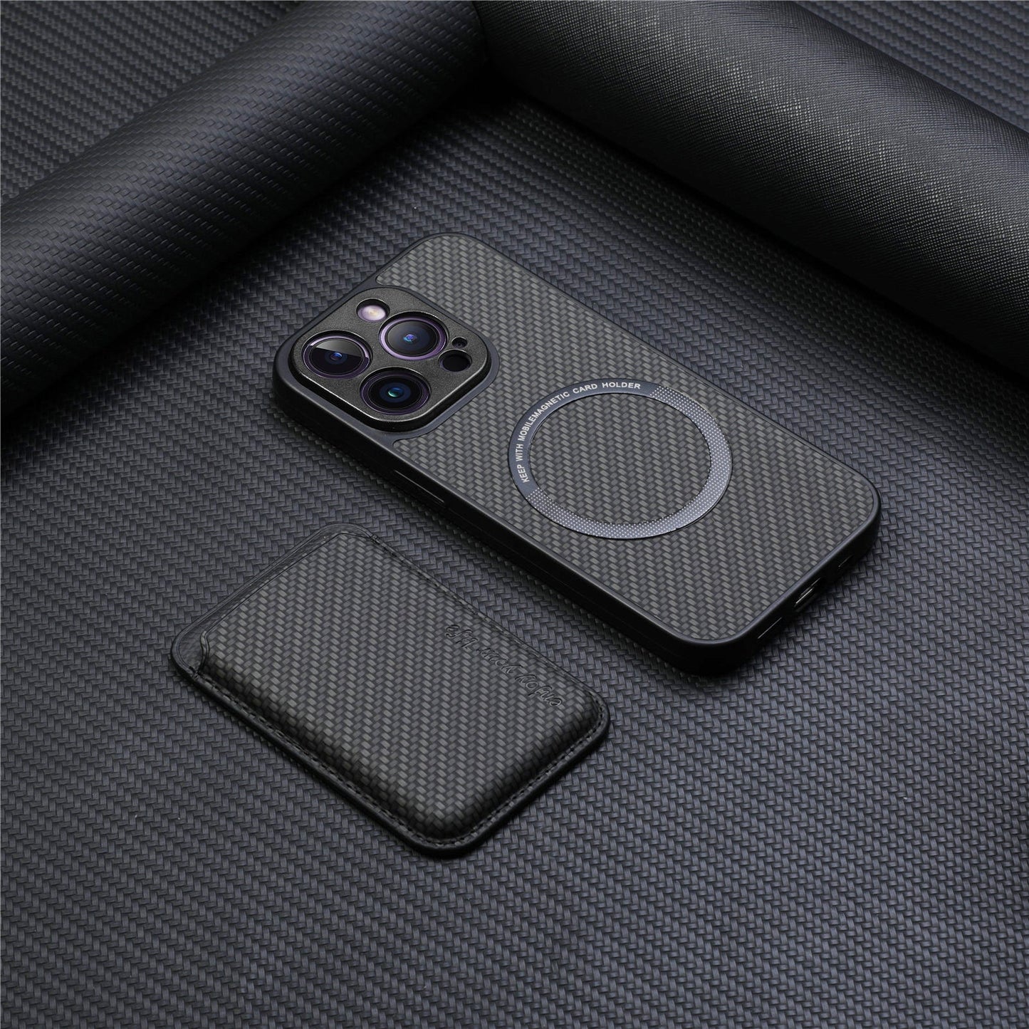 Tempat kartu magnetik bermotif serat casing ponsel Apple