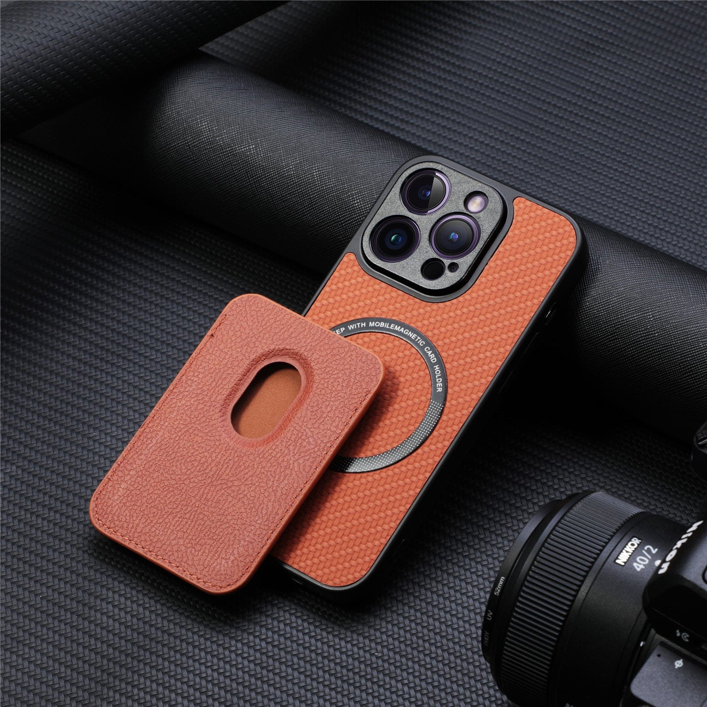Tempat kartu magnetik bermotif serat casing ponsel Apple