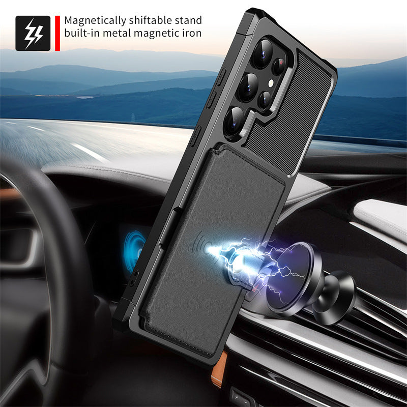 Casing ponsel Samsung berbahan kulit magnetik untuk mobil