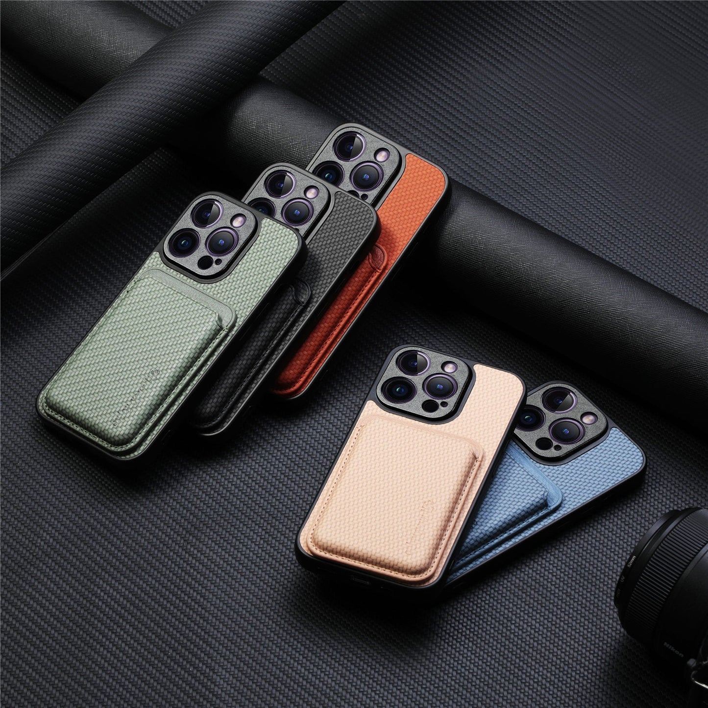 Tempat kartu magnetik bermotif serat casing ponsel Apple