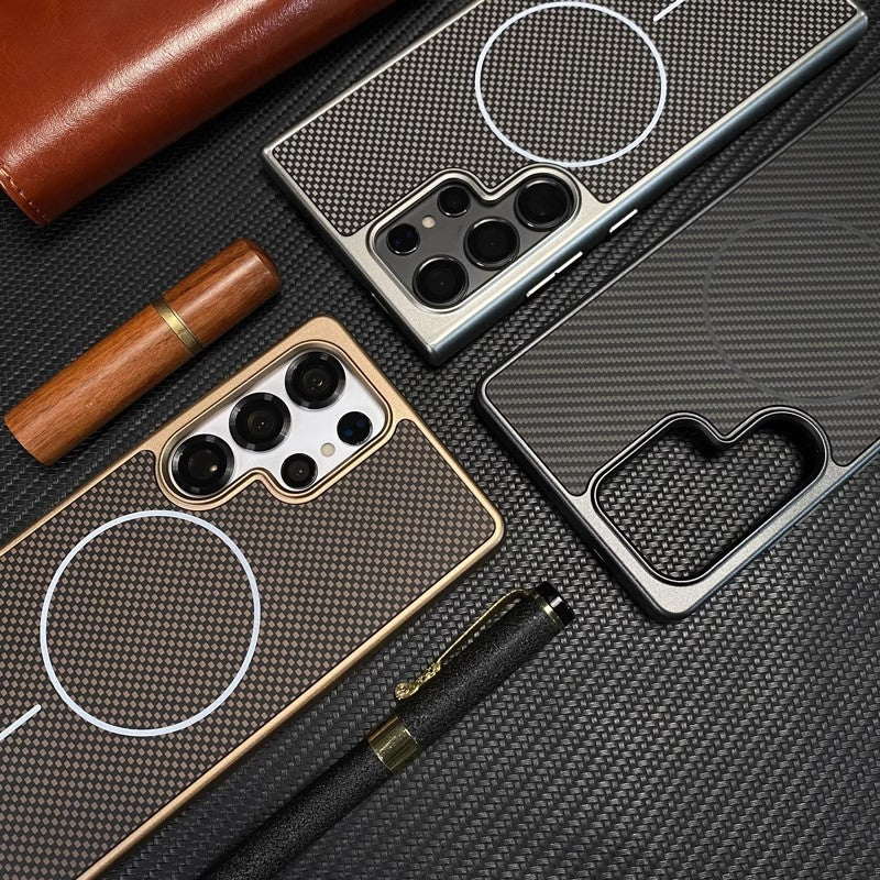 Casing ponsel Samsung magnetik lingkaran halus tekstur serat karbon Kevlar