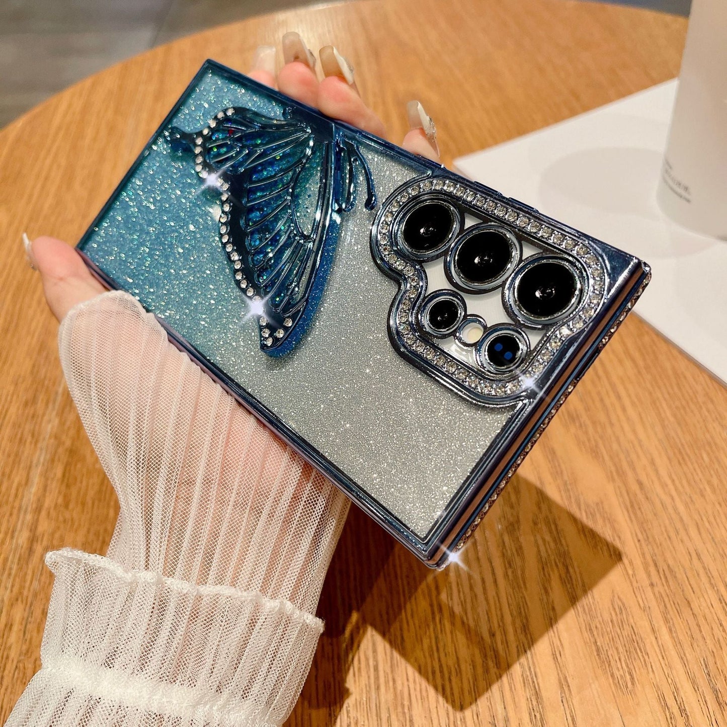 Casing ponsel Samsung dengan dudukan gemerlap mewah berlian imitasi kupu-kupu tiga dimensi