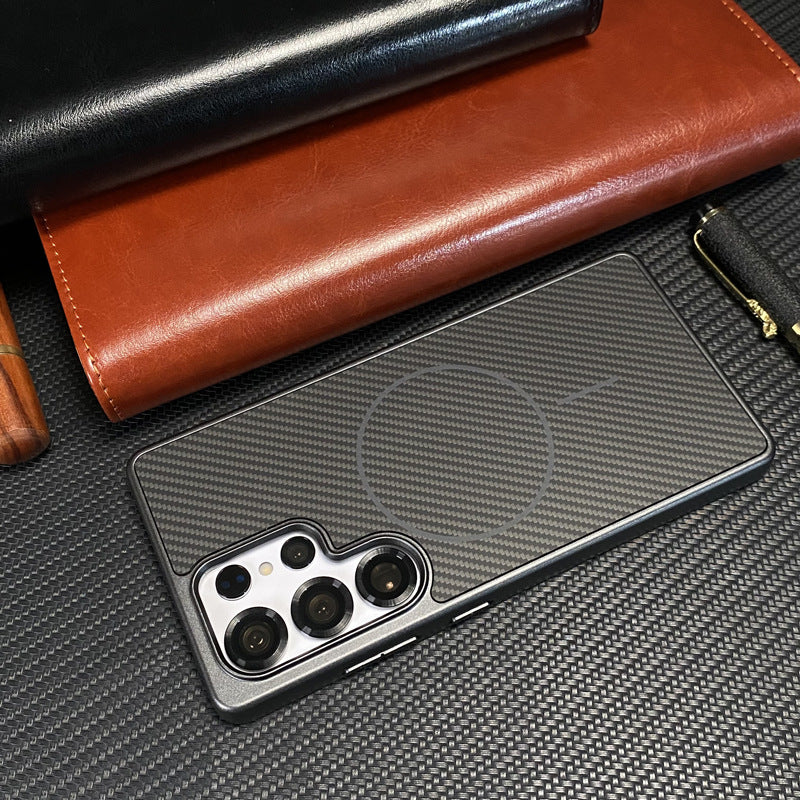 Casing ponsel Samsung magnetik lingkaran halus tekstur serat karbon Kevlar