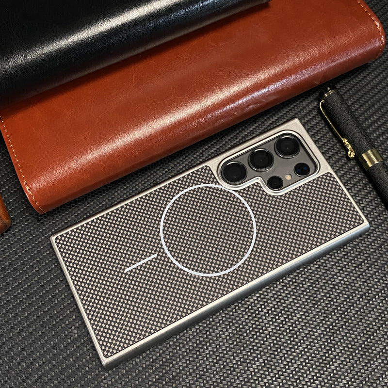 Casing ponsel Samsung magnetik lingkaran halus tekstur serat karbon Kevlar