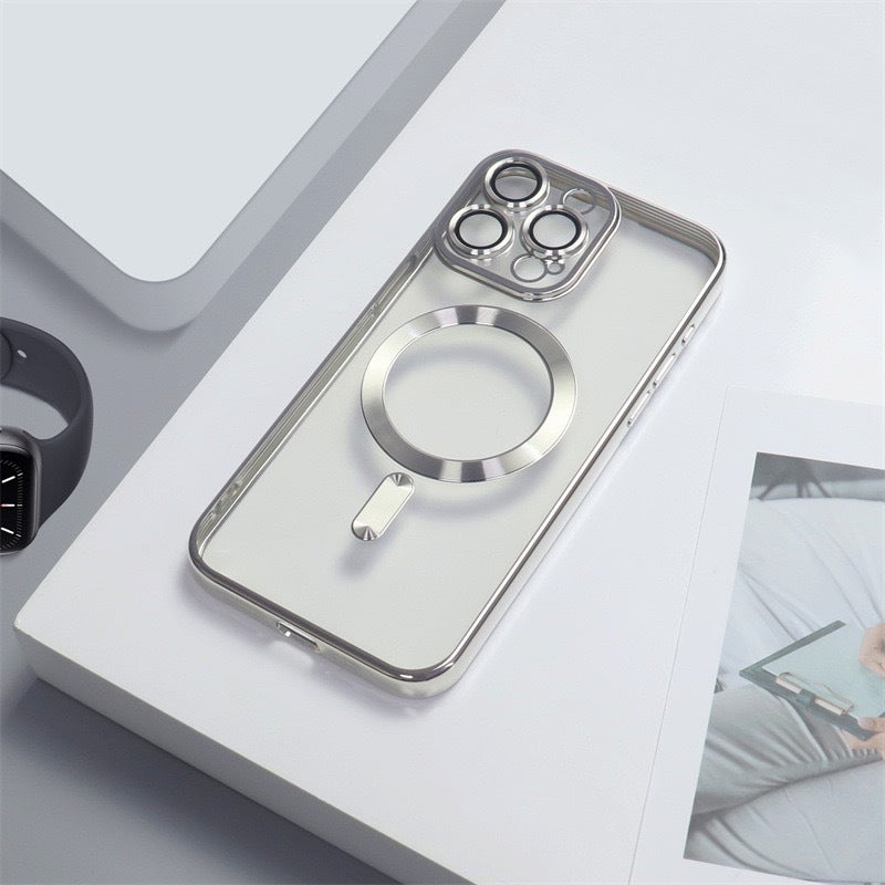 Casing iPhone magnetik berlapis elektro dengan film lensa bawaan