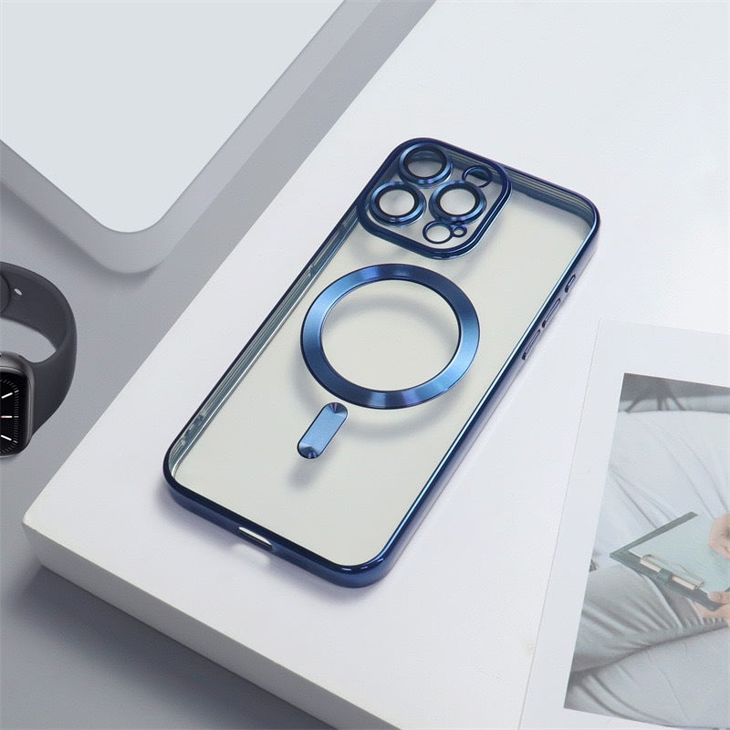 Casing iPhone magnetik berlapis elektro dengan film lensa bawaan
