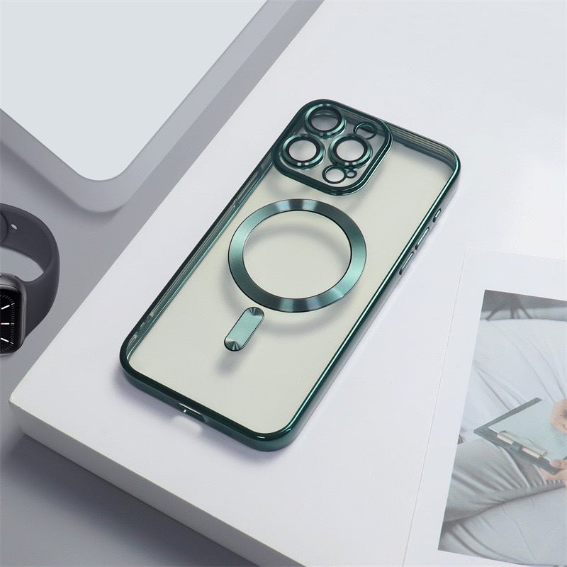 Casing iPhone magnetik berlapis elektro dengan film lensa bawaan