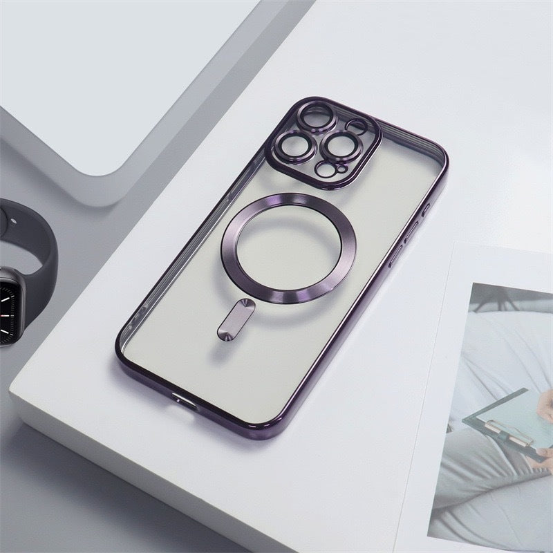 Casing iPhone magnetik berlapis elektro dengan film lensa bawaan