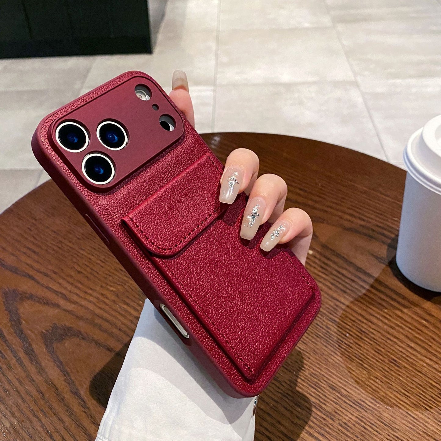 Plain leather lychee pattern card holder Apple phone case