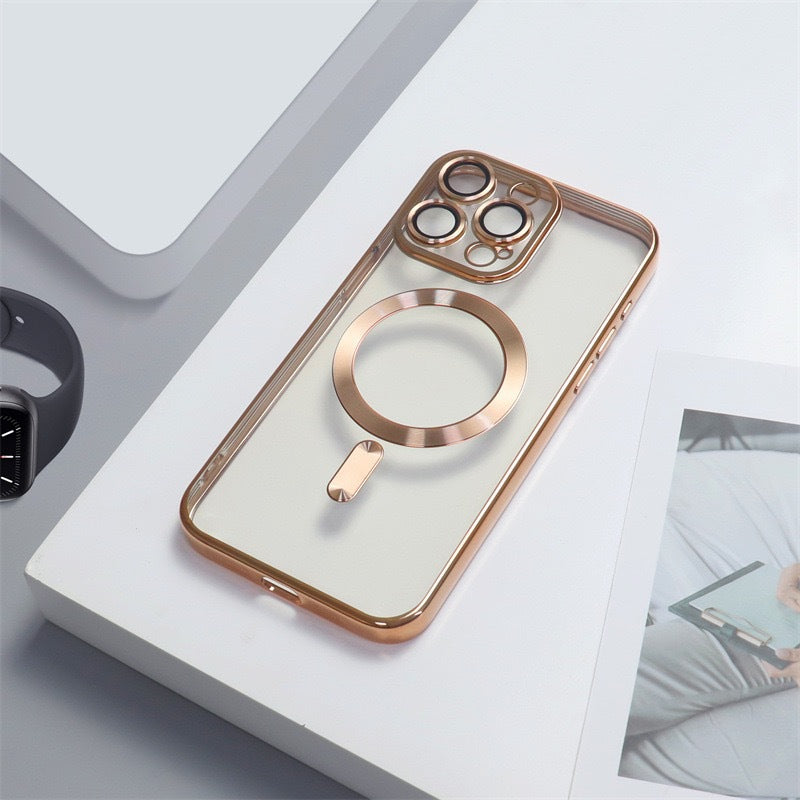 Casing iPhone magnetik berlapis elektro dengan film lensa bawaan