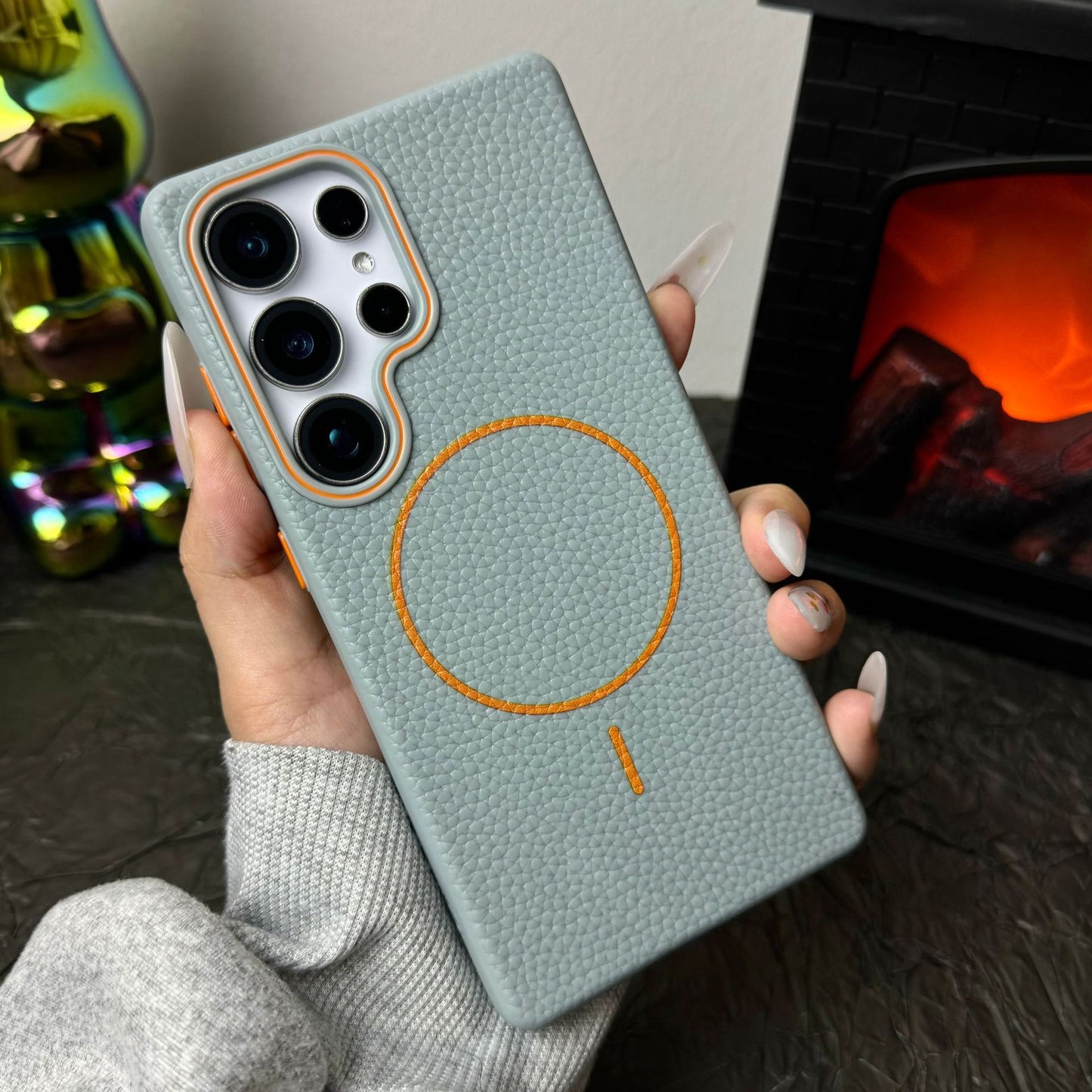 Casing ponsel magnetik lingkaran halus bertekstur kulit leci untuk Samsung