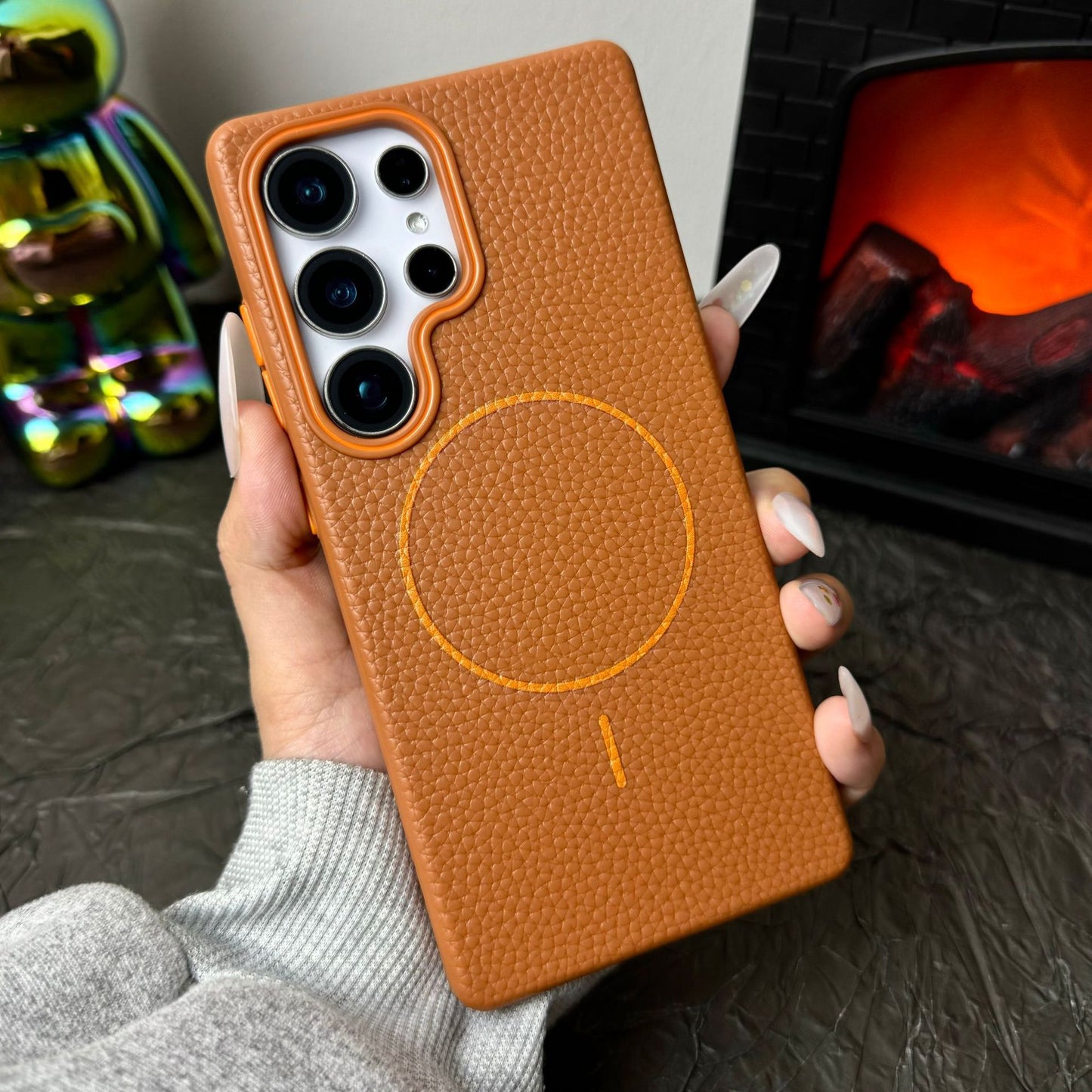 Casing ponsel magnetik lingkaran halus bertekstur kulit leci untuk Samsung