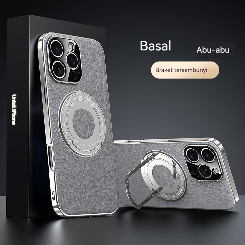 Braket batang tarik kulit polos casing ponsel Apple magnetik