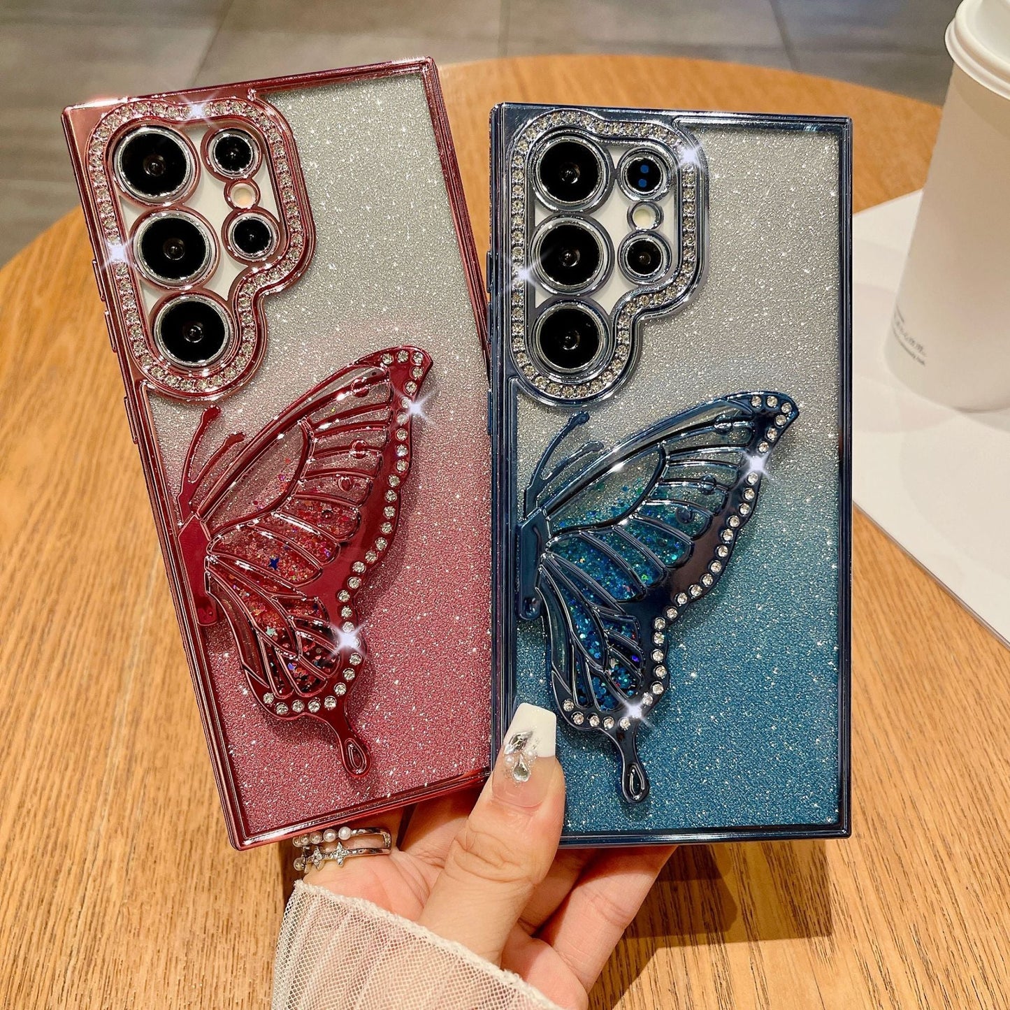 Casing ponsel Samsung dengan dudukan gemerlap mewah berlian imitasi kupu-kupu tiga dimensi 