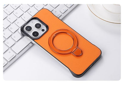 Leather-textured frameless magnetic stand Apple phone case