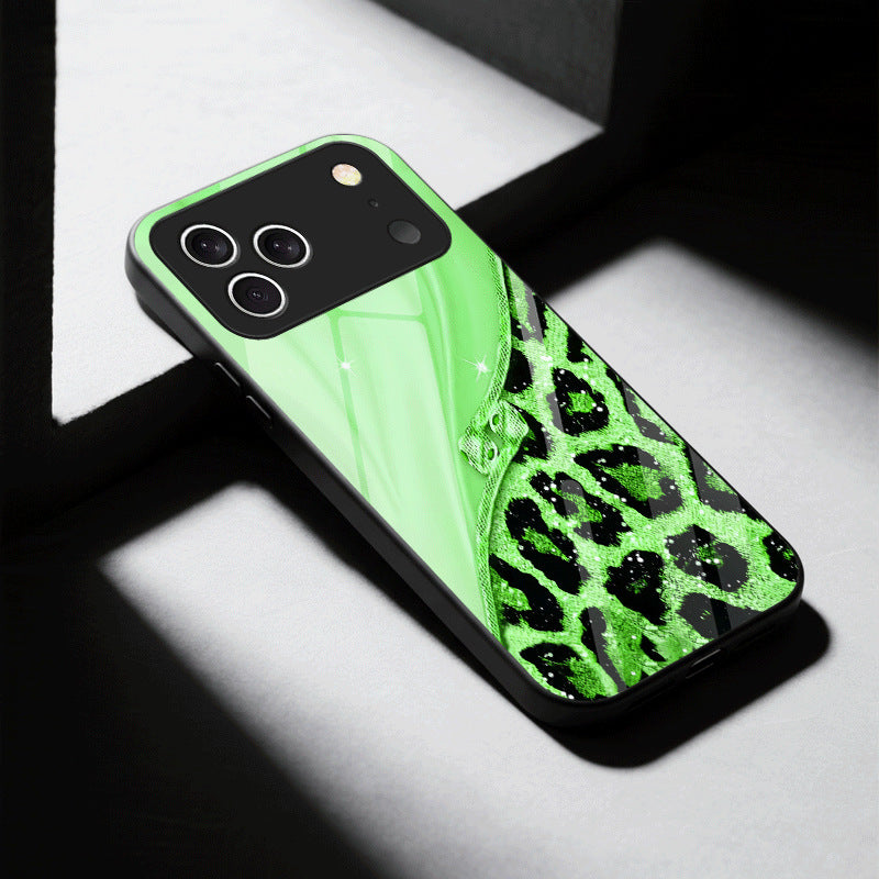 Casing Ponsel Apple Kaca Motif Macan Tutul Mengkilap