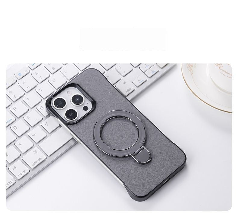 Leather-textured frameless magnetic stand Apple phone case