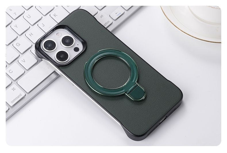Leather-textured frameless magnetic stand Apple phone case