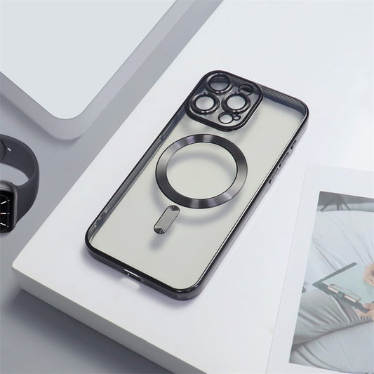 Casing iPhone magnetik berlapis elektro dengan film lensa bawaan