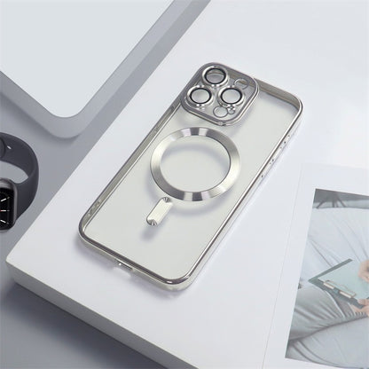 Casing iPhone magnetik berlapis elektro dengan film lensa bawaan