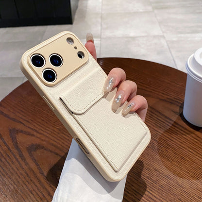Plain leather lychee pattern card holder Apple phone case