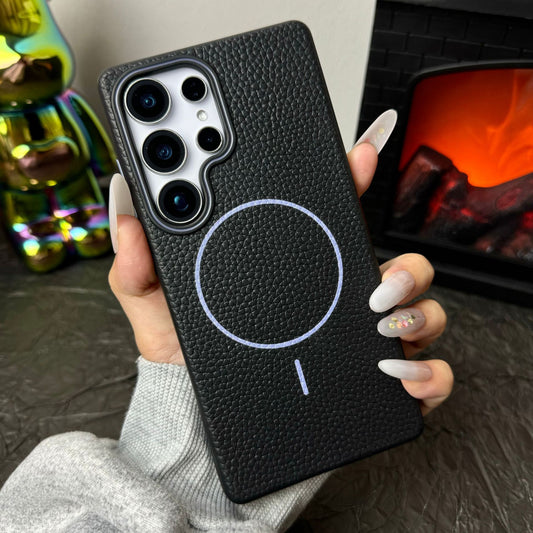 Casing ponsel magnetik lingkaran halus bertekstur kulit leci untuk Samsung