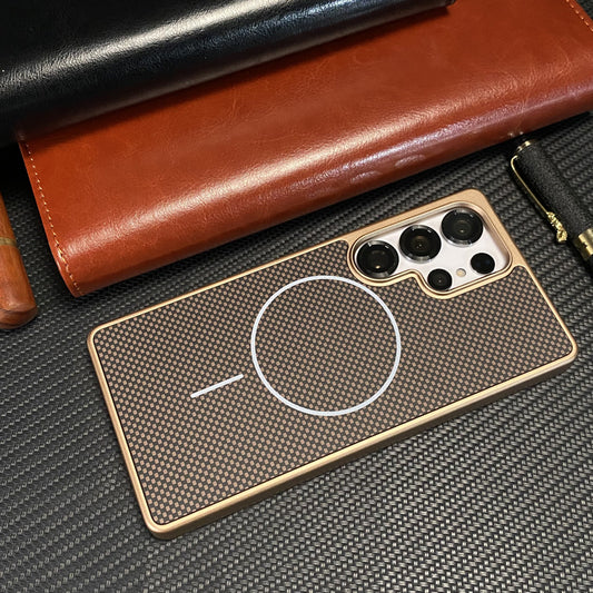 Casing ponsel Samsung magnetik lingkaran halus tekstur serat karbon Kevlar