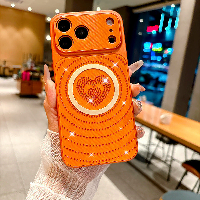 Carbon fiber textured heart-shaped rhinestone magnetic Apple phone case