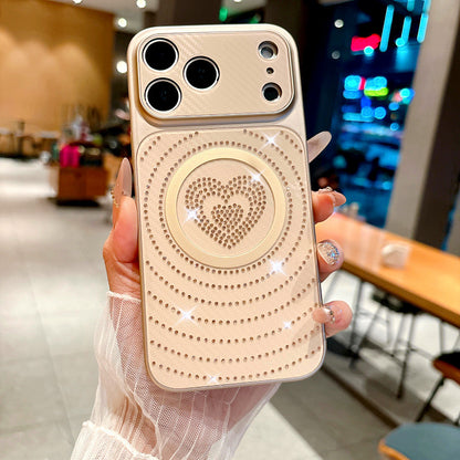 Carbon fiber textured heart-shaped rhinestone magnetic Apple phone case