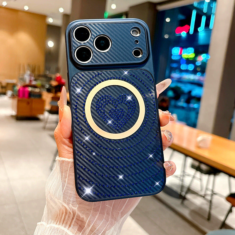 Carbon fiber textured heart-shaped rhinestone magnetic Apple phone case