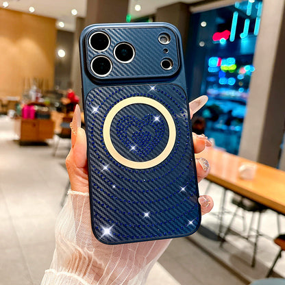 Carbon fiber textured heart-shaped rhinestone magnetic Apple phone case