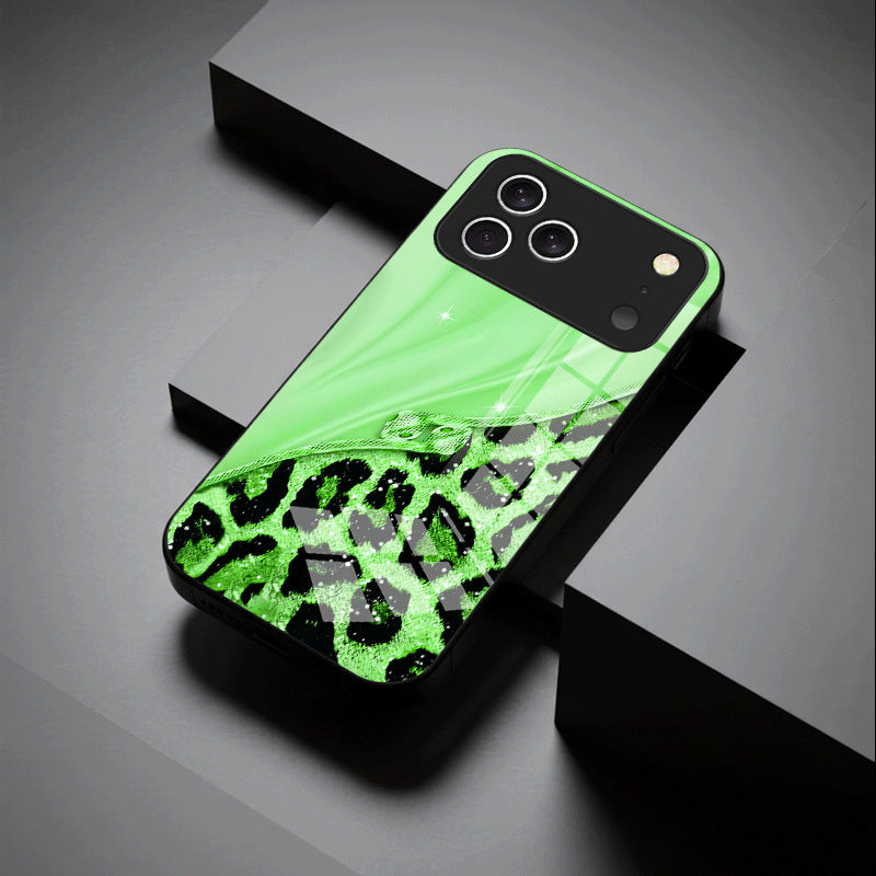 Casing Ponsel Apple Kaca Motif Macan Tutul Mengkilap